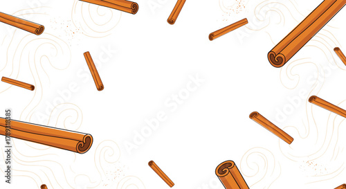 Scattered cinnamon sticks with subtle swirling aroma patterns on a clean white background, evoking warmth and spicy flavor.