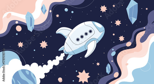 A cute cartoon rocket flying through a whimsical pastel-colored galaxy filled with sparkling stars, abstract planets, and crystalline formations.