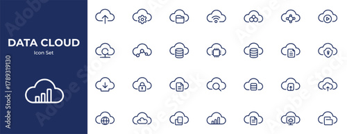 Data Cloud Line Icons Pack – Minimalist Cloud Computing & Data Storage Icons