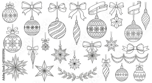 A collection of black and white line art illustrations of various Christmas ornaments and decorations.