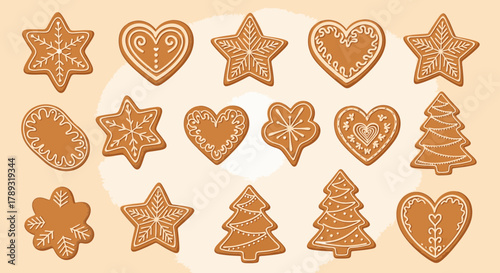 A collection of festive gingerbread cookies decorated with white icing in various shapes including stars, hearts, and Christmas trees.