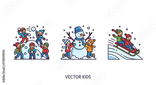 Three vector illustrations depict children enjoying winter activities, including snowball fights and sledding.