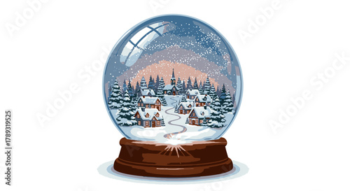 A snow globe with a winter village scene inside, resting on a wooden base.