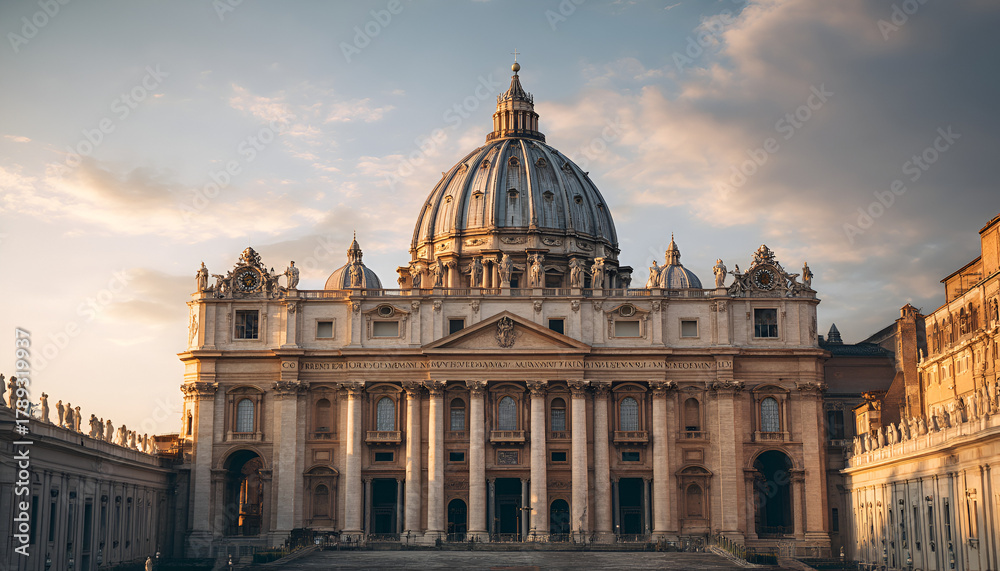 Obraz premium Grand Building Exterior with Dome and Columns at Sunset