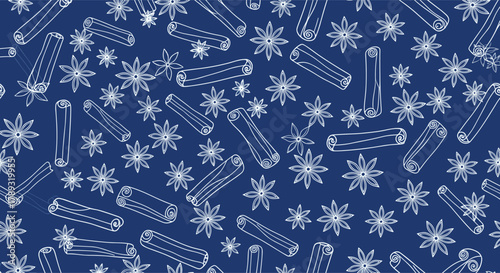 Hand-drawn seamless pattern featuring white outline illustrations of cinnamon sticks and star anise spices on a deep blue background.