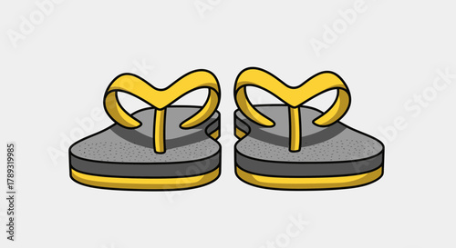 A pair of gray flip-flops with yellow straps and trim, isolated on a white background.