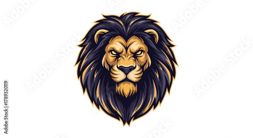 Illustration of a fierce lion head with a majestic mane, isolated on a white background.