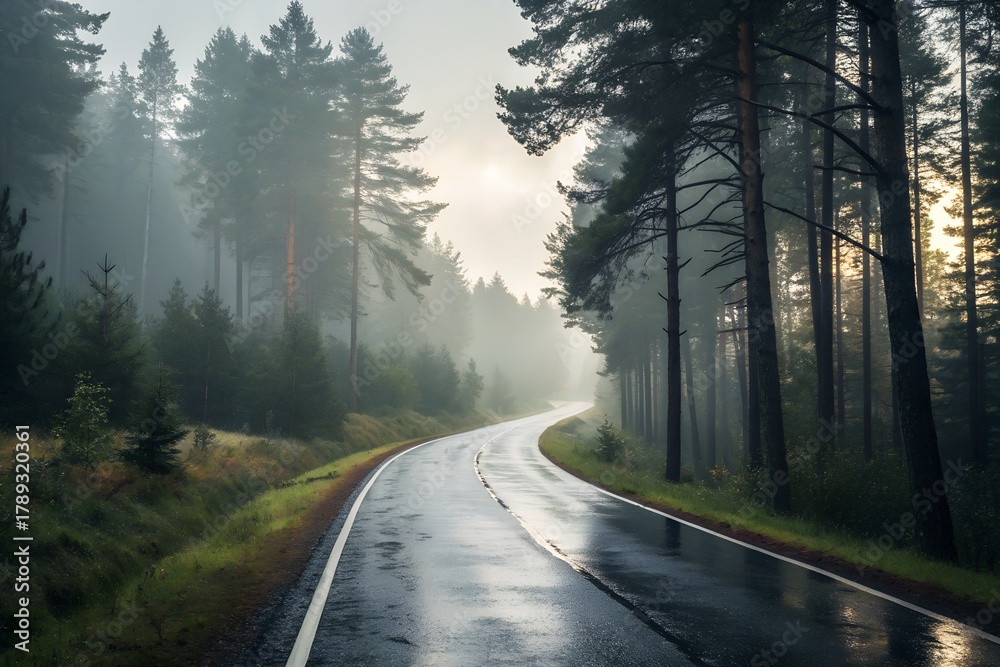 Fototapeta premium Winding Forest Road in Misty Pine Landscape – Wet Asphalt, Moody Nature Scene, Conceptual