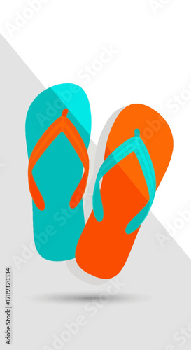 Illustration of a pair of flip-flops, one turquoise and one orange, with a simple, flat design and shadow.