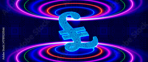 Vector high technological 3D banner. Digital pound. United Kingdom. Computer chip, laser glow circles. State cryptocurrency. English central bank electronic programing money. Great Britain