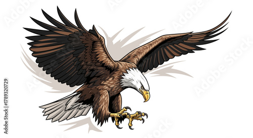 Majestic bald eagle in flight, wings spread, diving downwards with intent.