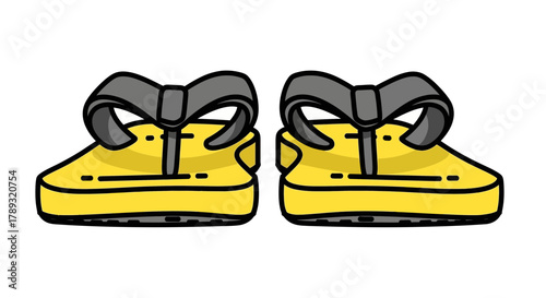 Two cartoon yellow sandals with gray bows, side-by-side, isolated on white.