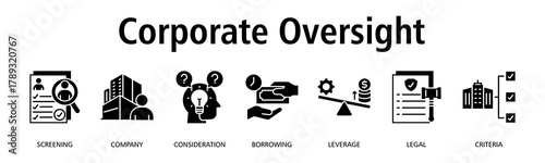 Corporate Oversight banner web icon vector illustration concept with icon of screening, company, consideration, borrowing, leverage, legal, criteria