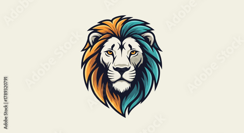 Stylized lion head illustration with a dual-color mane, featuring orange and turquoise hues on a light background.