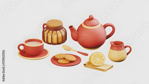 Tea set with teapot, cup, saucer, plate, honey, lemon, spoon, and cookies in 3d render on a plain background