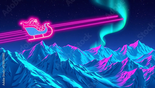 Christmas background image showing neon Santa flying beneath aurora borealis over glowing magenta mountains in futuristic night.
