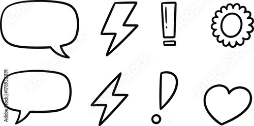 Hand-drawn icons, speech bubble, lightning bolt, exclamation mark, flower, heart, black and white, graphic, symbol, sketch, comic, emotion, design, communication, vector, minimal, abstract, bold, expr