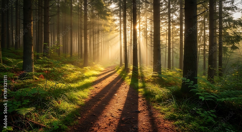 Obraz premium Sunlight streams through tall trees onto a winding forest path with lush green foliage