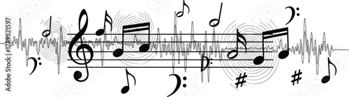 Music, sound, waveform, treble clef, bass clef, musical notes, acoustic art, vibration, audio, frequency, rhythm, melody, harmony, pitch, tone, staff, composition, soundwave, abstract, illustration