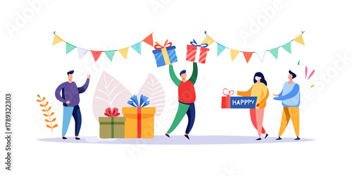 Happy tiny people celebrating holiday with gift and garland. Man giving present with congratulations flat vector illustration. Celebration, event concept for banner, website design or landing web page