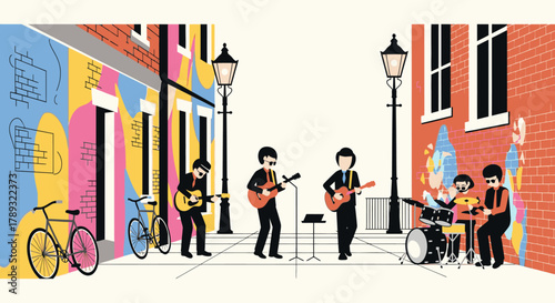 Illustration depicting a street scene with a band playing music, featuring buildings and bicycles.
