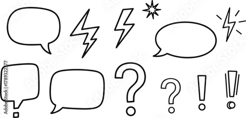 Speech bubble, lightning bolt, exclamation mark, question mark, starburst, cartoon icon, comic symbol, graphic, sketch, emotion, vector, abstract, expressive, punctuation, black and white, illustratio