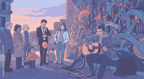 A street musician plays guitar for a small crowd of people in an urban setting.