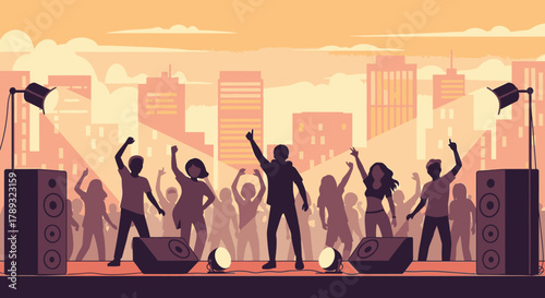 A vibrant outdoor concert scene with silhouetted people dancing under spotlights against a city skyline.