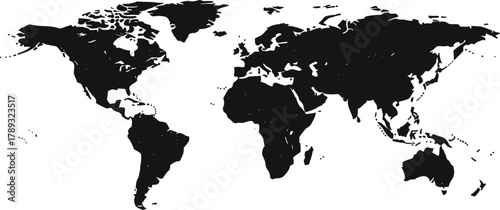 World map, silhouette, black and white, continents, geography, global, earth, minimal, vector, design, abstract, landmass, illustration, clean, layout, modern, map art, digital, simple, educational