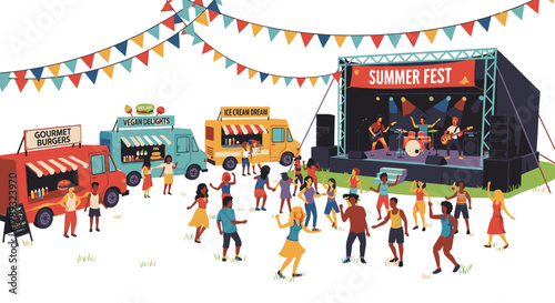 A vibrant summer festival scene with a live band performing on stage, food trucks, and people dancing and enjoying the music.