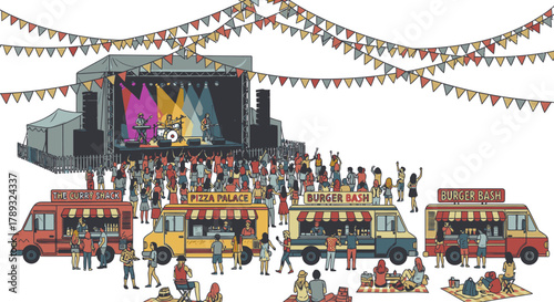 An illustration of an outdoor music festival with a band on stage, a large crowd, and multiple food trucks.