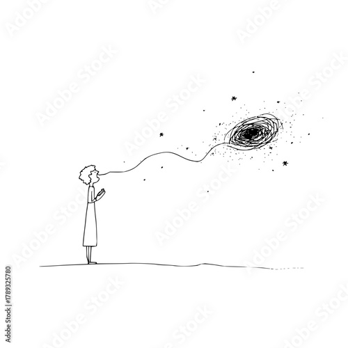 Conceptual art of woman with phone sending thoughts to a chaotic universe digital line drawing design