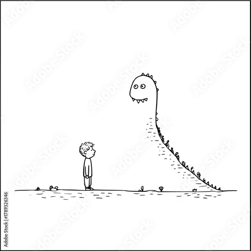 Boy meets dinosaur drawing illustration cute cartoon simple black and white line art kids imagination story time fun