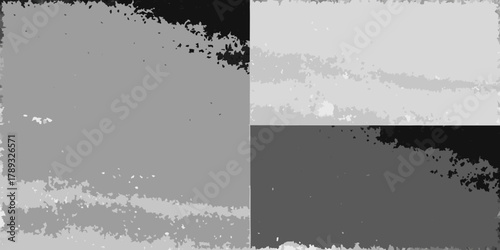 Abstract mosaic of grayscale segmented shapes with textured edges and varying shades of gray