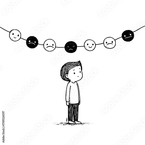 Sadness and mood swings illustration concept for mental health awareness and emotional wellbeing support art