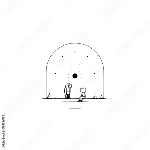 Minimalist robot landscape drawing digital art print space exploration science fiction art illustration design