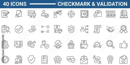 Set of 40 outline icons related to checkmark, validation. Linear icon collection. Editable stroke. Vector illustration