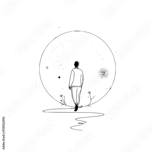 Man walking towards moon illustration art print minimalist poster design black and white drawing svg