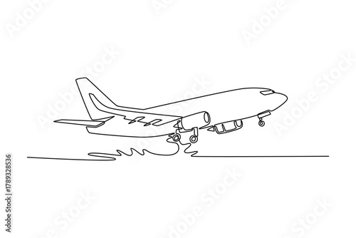 Airplane taking off from the airport, side view. Landing and take off plane concept. Single line draw design. Vector graphic illustration