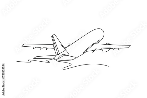 Civil airliner takes off into a blue sky. Landing and take off plane concept. Single line draw design. Vector graphic illustration