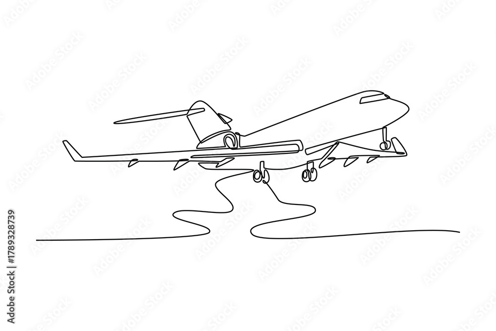 Fototapeta premium private airlines, transportation. The plane takes off. Landing and take off plane concept. Single line draw design. Vector graphic illustration