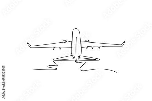 passenger plane takes off close up. Landing and take off plane concept. Single line draw design. Vector graphic illustration