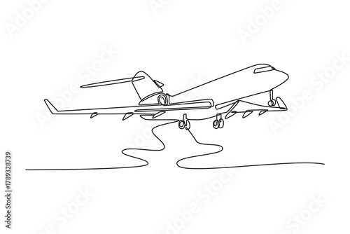 private airlines, transportation. The plane takes off. Landing and take off plane concept. Single line draw design. Vector graphic illustration