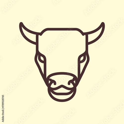 Stylized brown bull head with horns and nose ring line art icon on a light background.