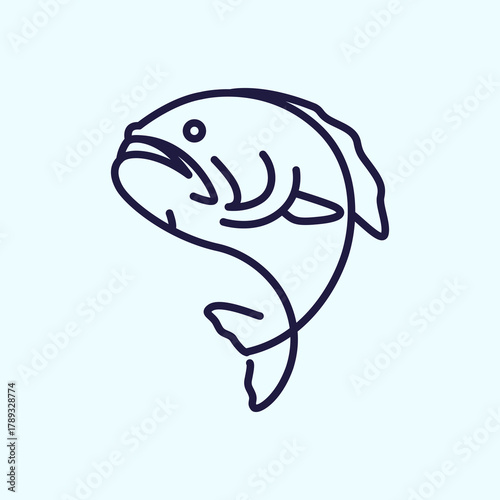 Minimalist single line art drawing of a jumping bass fish.