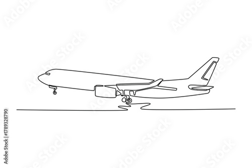 White Airplane Take Off And Landing Flying. Landing and take off plane concept. Single line draw design. Vector graphic illustration