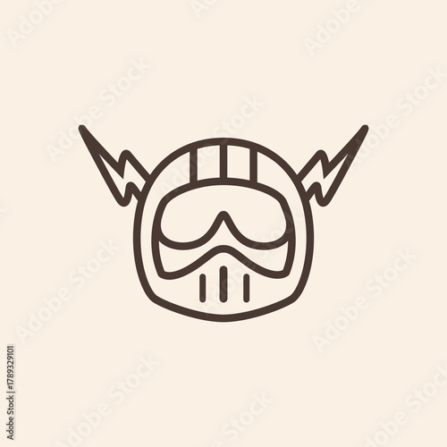 Stylized racing helmet with lightning bolts line art icon.
