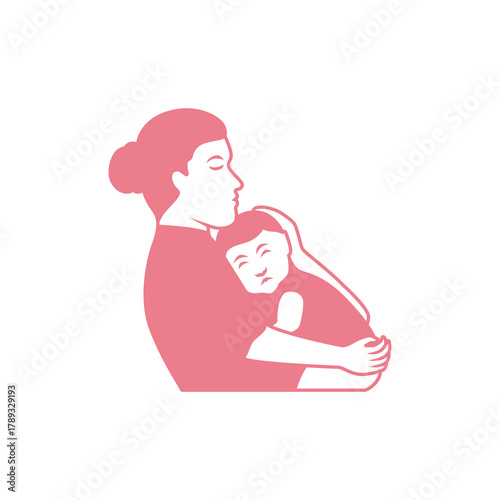Simple pink illustration of a mothers loving embrace with her child.