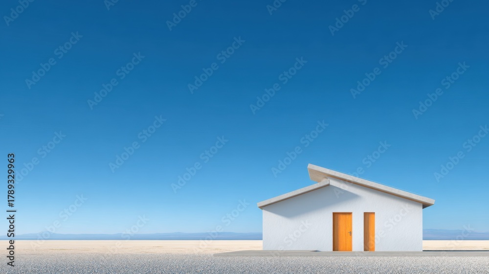 Naklejka premium Serene Minimalism: A modern dwelling stands in stark contrast against a vast, clear blue sky, exuding a sense of tranquility and space. 