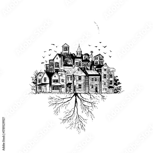 Black and white drawing of cityscape houses with roots illustration vector art architecture design sketch 100